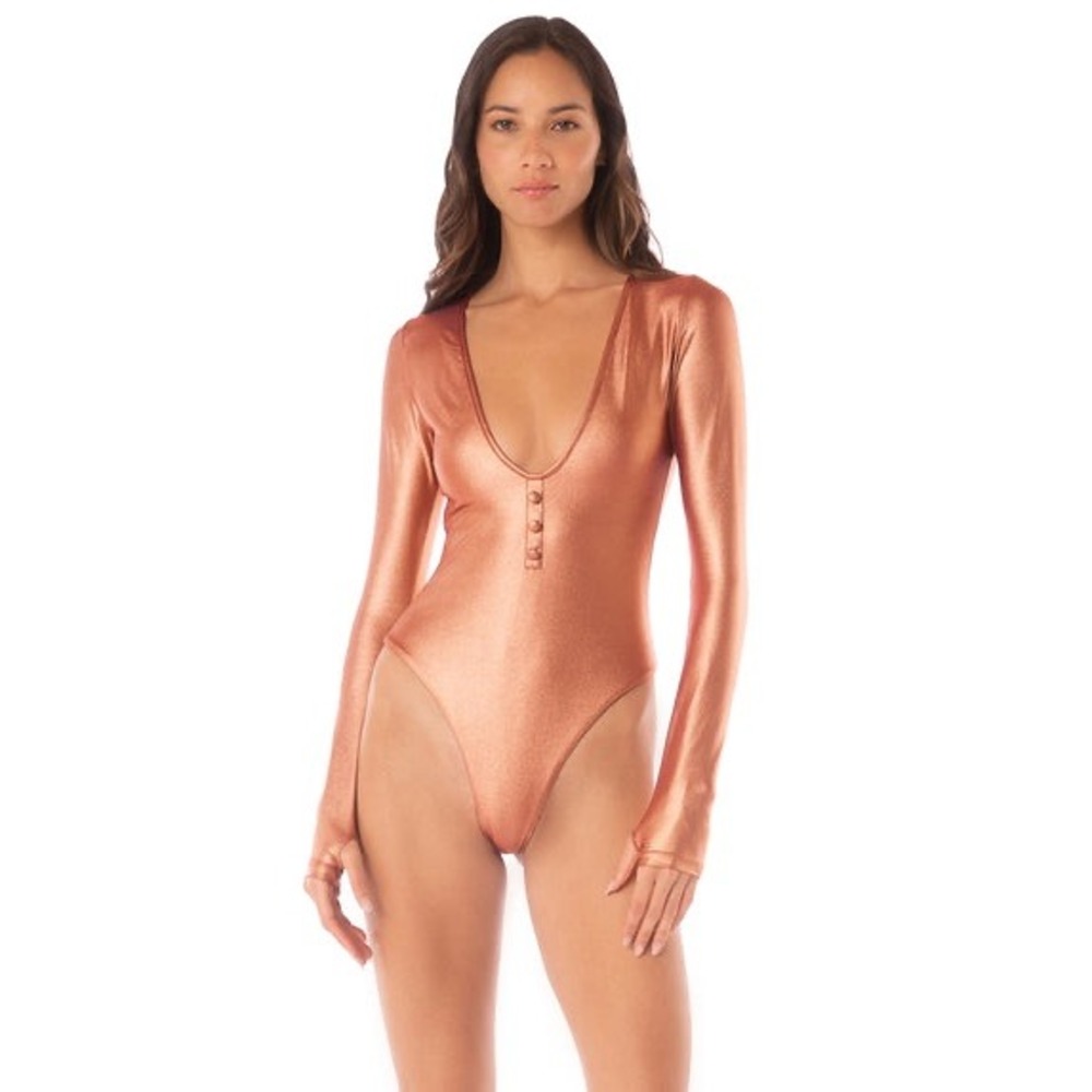NWT Maaji Metallic Copper Bronze Long Sleeve One Piece Swimsuit Bodysuit L